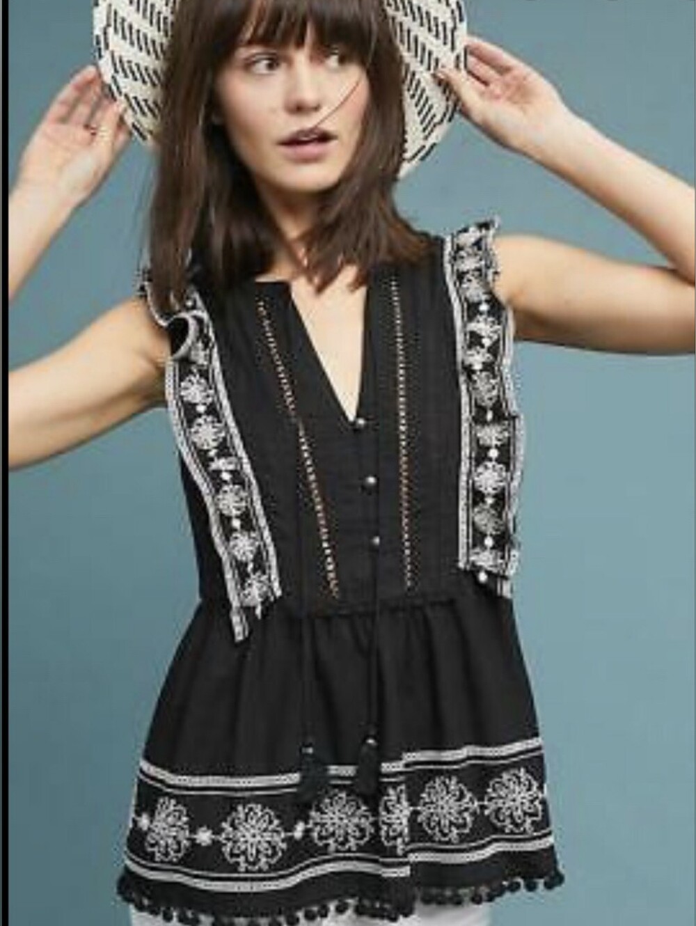 Akemi + Kin Anthropologie‎ Adelina Embroidered Boho Peplum Black Top Trim Size 3